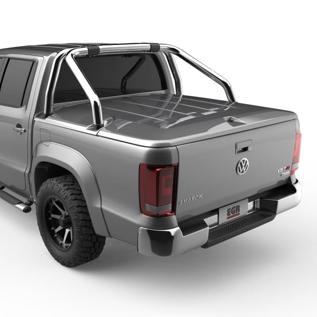 Volkswagen Amarok fitted with EGR 3 Piece Hard Lid, rear three-quarter view showing sports bar compatibility and streamlined tub cover
