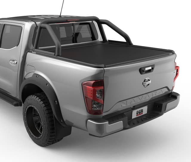 Nissan Navara MY21 fitted with EGR RollTrac Sports Bar, rear three-quarter view showing black powder-coated aluminium bar integrated with RollTrac cover