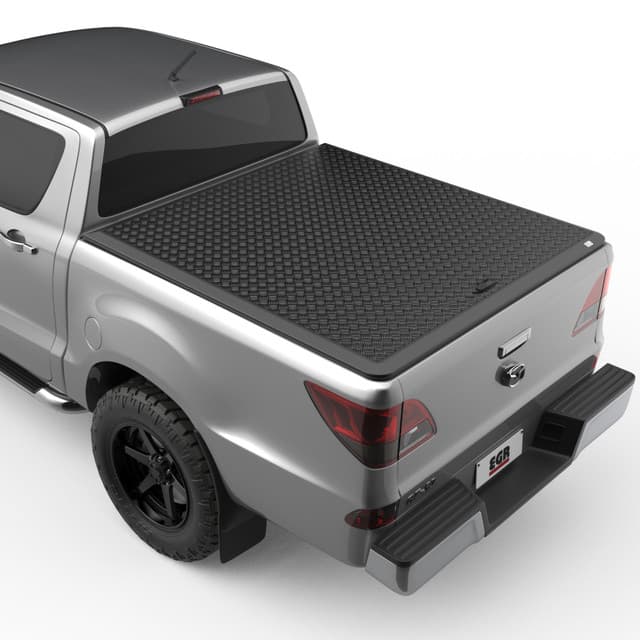 Mazda BT-50 fitted with EGR Load Shield, rear three-quarter view showing matte-black checker-plate aluminium tray cover