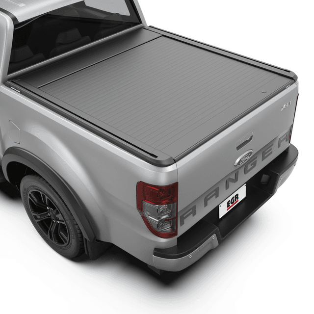 Ford Ranger PX with EGR RollTrac Electric E3 tonneau cover shown from rear angle, highlighting matte-black aluminium slats