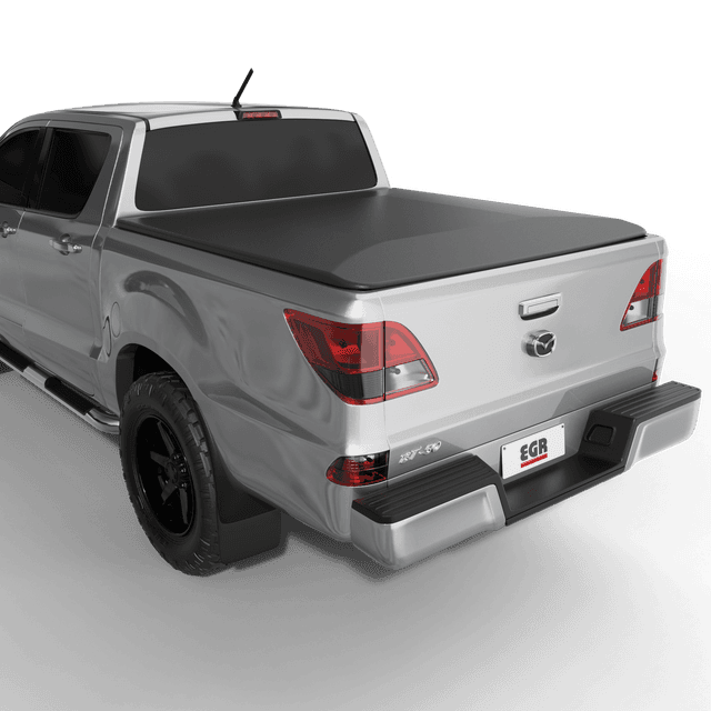 Rear view of a Mazda BT-50 2011-2019 fitted with an EGR No-Drill Soft Tonneau Cover in matte black vinyl