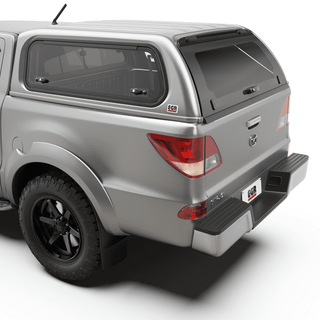 Rear view of a Mazda BT-50 featuring the EGR Premium Canopy with a tinted frameless rear window and integrated locking system