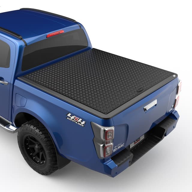 Rear-side view of an Isuzu D-Max 2020 fitted with an EGR Load Shield featuring a matte black aluminium checker-plate top