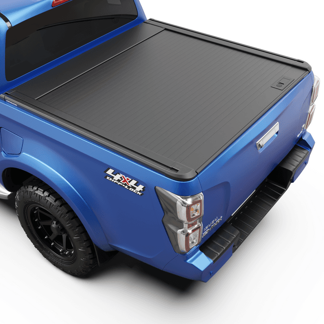 EGR RollTrac Manual roller tonneau cover fitted to Isuzu D-Max 2020-onwards, showing aluminium slat cover partially open over the tub