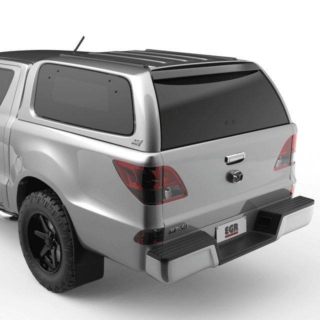 Rear angle view of a Mazda BT-50 fitted with an EGR GEN3 Canopy in silver