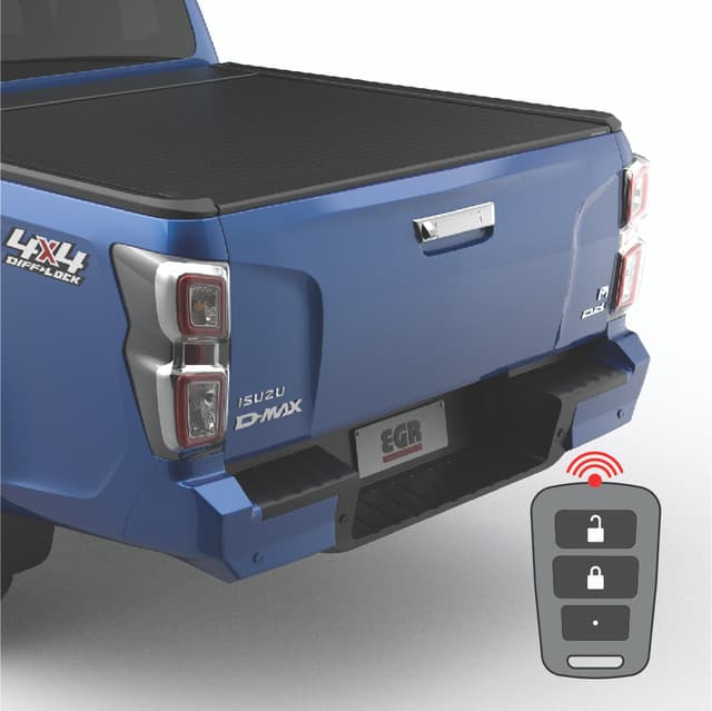 Close-up rear view of an Isuzu D-Max 2020 showing the EGR Tailgate Remote Locking Kit installed with key-fob remote