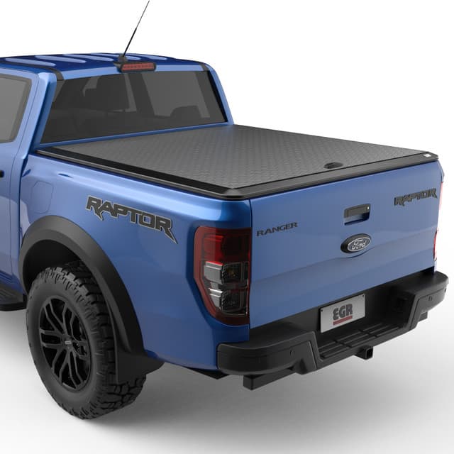 Ford Ranger Raptor PX fitted with an EGR Load Shield tray cover, front-side angle view