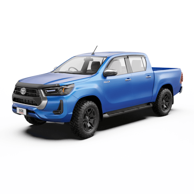 EGR Protection Pack components for Toyota Hilux showing bonnet protector, headlight guards, and slimline weather shields