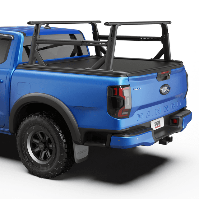 Rear view of ladder rack fitted to a dual cab ute for carrying long loads