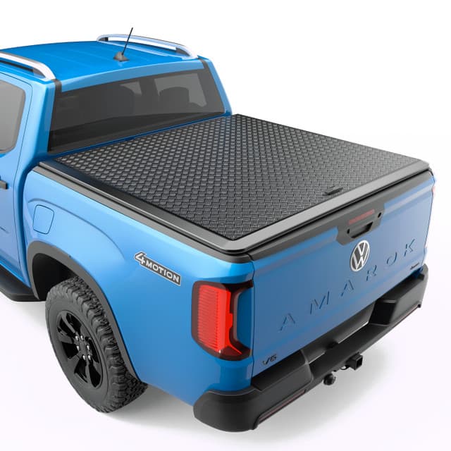 Rear three-quarter view of a Volkswagen Amarok NF 2023 fitted with the EGR Load Shield aluminium checker plate cover