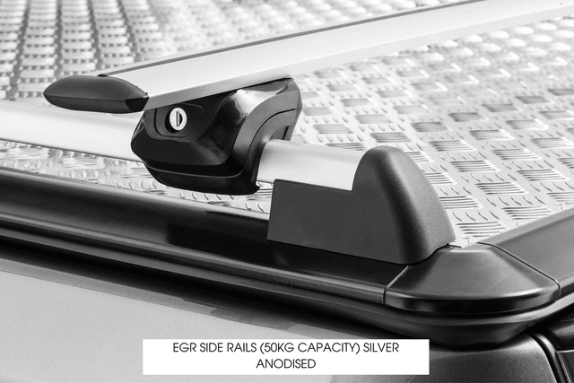 Close-up of EGR Load Shield Side Rails showing aluminium finish and mounting track