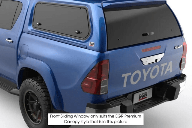 Front view of a canopy fitted with EGR Front Sliding OXO Window in a blue ute