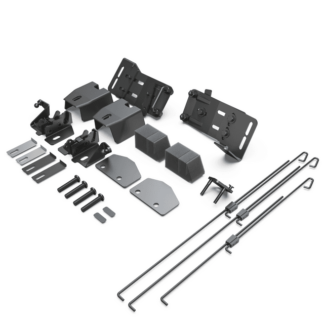 Diagram of the EGR Canopy Rear Door Latch Replacement Kit for Nissan Navara D40 showing components including latches, latch covers, striker brackets, gaskets, retainers, screws, labels, foam blocks, and pull rods