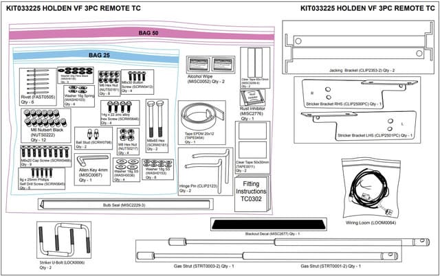Diagram of the EGR Hardware Fitting Kit for Holden VF Ute 3-Piece Remote Hard Lid showing brackets, bolts, wiring loom, gas struts, and installation components