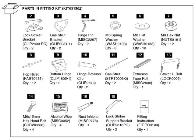 Diagram of the EGR Mitsubishi Triton MN 1P Hard Lid Fitting Kit showing brackets, gas struts, hinges, screws, rivets, U-bolt, tape roll, and installation hardware
