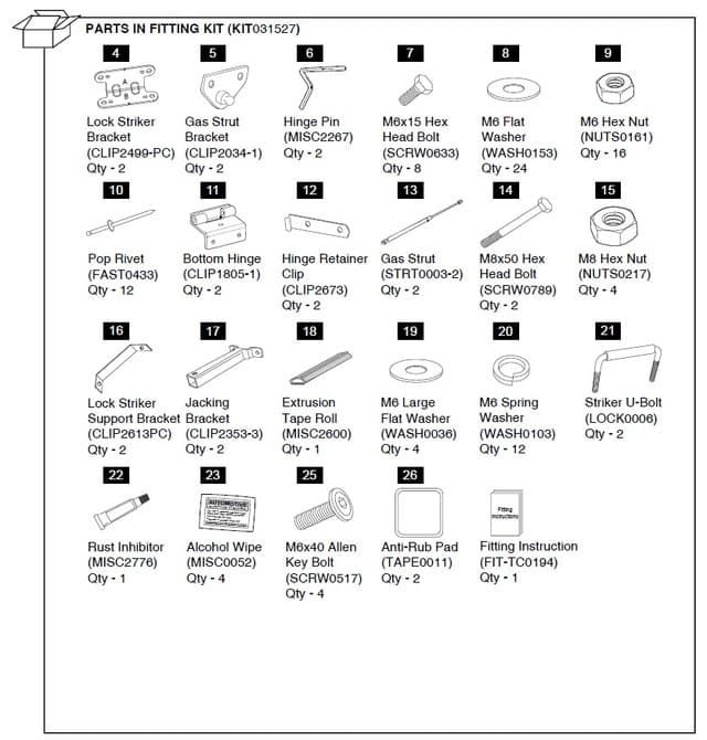 Parts diagram for the EGR Hardware Fitting Kit for Mitsubishi Triton MN 3P Hard Lid, displaying lock striker brackets, gas struts, hinge pins, washers, rivets, screws, U-bolt, extrusion tape roll, alcohol wipe, rust inhibitor, and fitting instructions