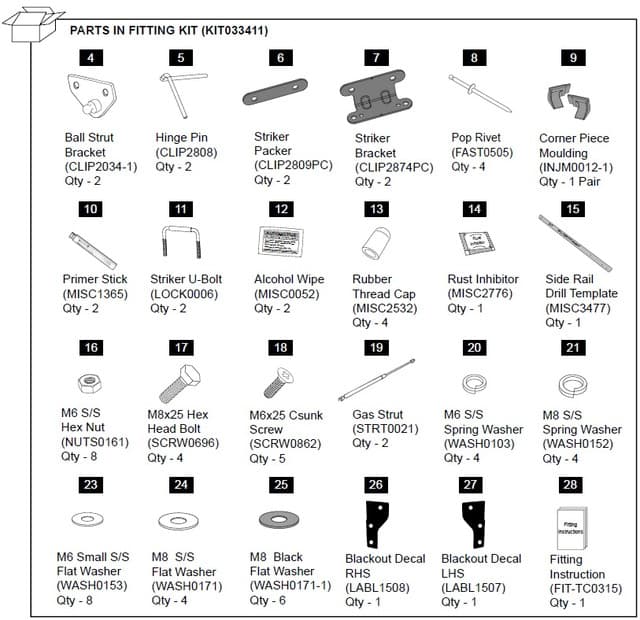 Diagram of the EGR Hard Lid Hardware Fitting Kit for Holden Colorado RG 1P, showing brackets, gas struts, fasteners, decals, and installation components