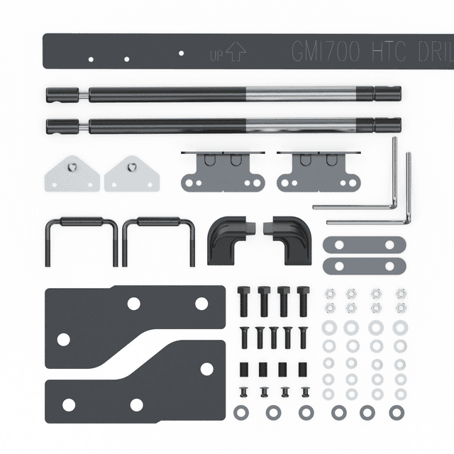 EGR Hard Lid Hardware Fitting Kit for Holden Colorado RG 1P, showing brackets, gas struts, fasteners, decals, and installation components