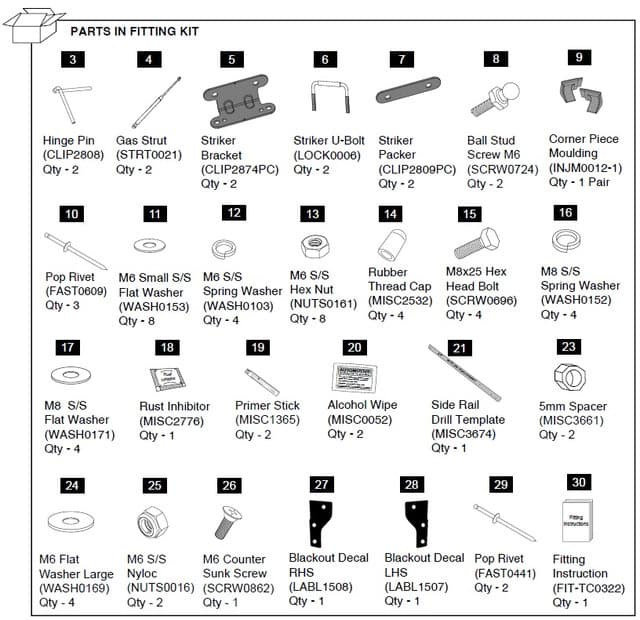 Diagram of EGR Hard Lid Hardware Fitting Kit for Isuzu D-Max 1P, showing gas struts, brackets, bolts, washers, clips, and installation components
