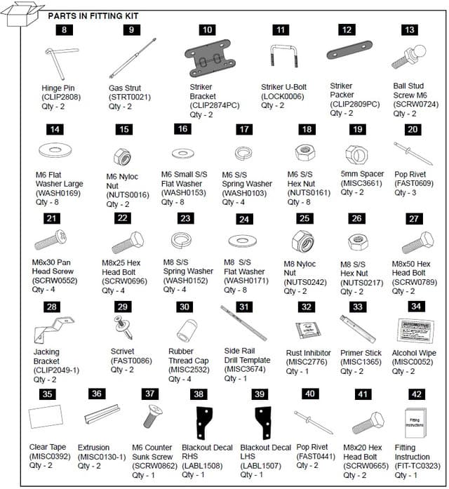 Diagram of the EGR Hardware Fitting Kit with gas struts for Isuzu D-Max 3P 2012β2020, showing brackets, bolts, washers, clips, seals, and installation components