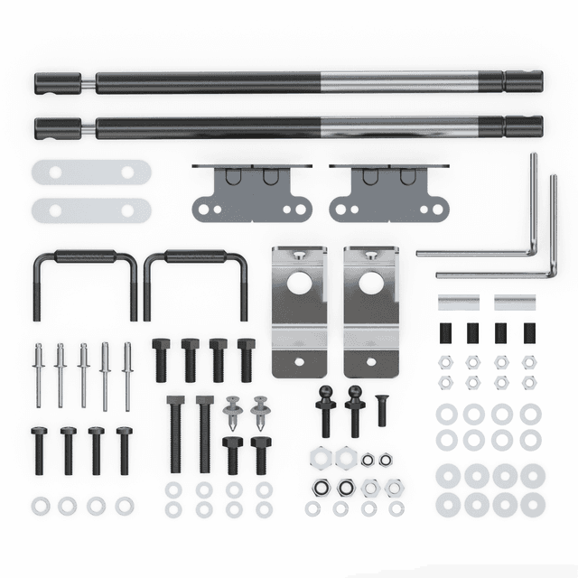 EGR Hardware Fitting Kit with gas struts for Isuzu D-Max 3P 2012–2020, showing brackets, bolts, washers, clips, seals, and installation components