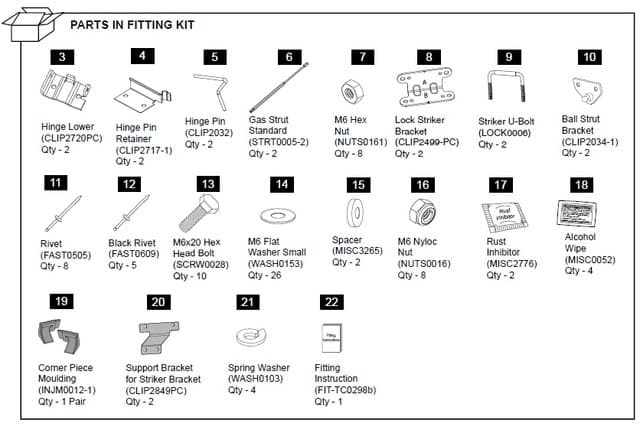 Diagram of the EGR Hardware Fitting Kit with gas struts for Mazda BT-50 1P 2011β2020, showing brackets, bolts, washers, clips, and installation components