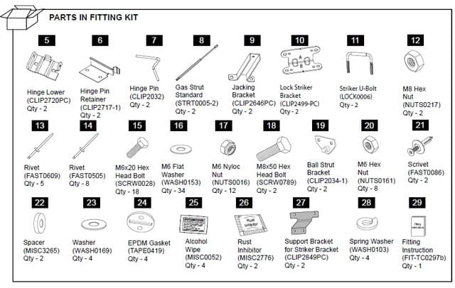 Diagram of the EGR Hard Lid Hardware Fitting Kit with gas struts for Mazda BT-50 3P 2011–2020, showing brackets, bolts, washers, clips, and installation components