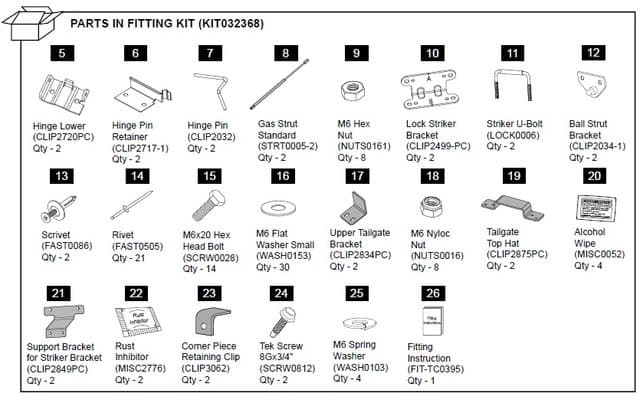 Diagram of the EGR Hard Lid Hardware Fitting Kit with gas struts for Ford Ranger PX 1P 2011–2022, showing brackets, bolts, washers, rivets, clips, and installation components
