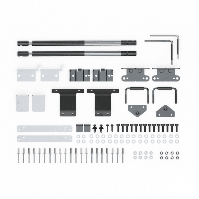 EGR Hard Lid Hardware Fitting Kit with gas struts for Ford Ranger PX 1P 2011–2022, showing brackets, bolts, washers, rivets, clips, and installation components