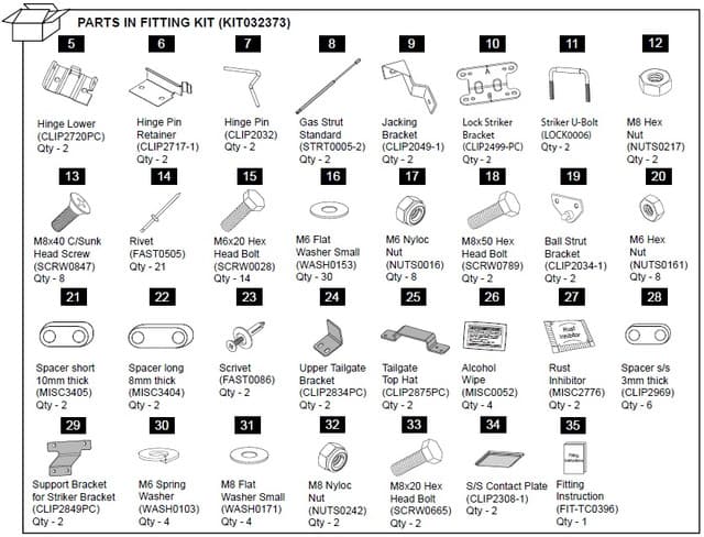 Diagram of the EGR Hard Lid Hardware Fitting Kit with gas struts for Ford Ranger PX 3P 2011–2022, showing brackets, bolts, nuts, washers, rivets, clips, and installation components