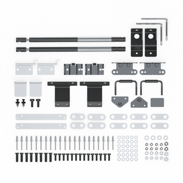 EGR Hard Lid Hardware Fitting Kit with gas struts for Ford Ranger PX 3P 2011β2022, showing brackets, bolts, nuts, washers, rivets, clips, and installation components