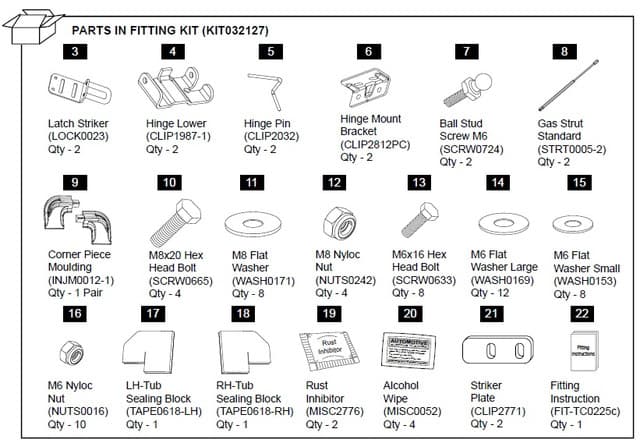 Parts diagram for EGR Hardware Fitting Kit KIT03212T showing hinges, gas struts, brackets, seals, screws, and installation components for Volkswagen Amarok 1P hard lid