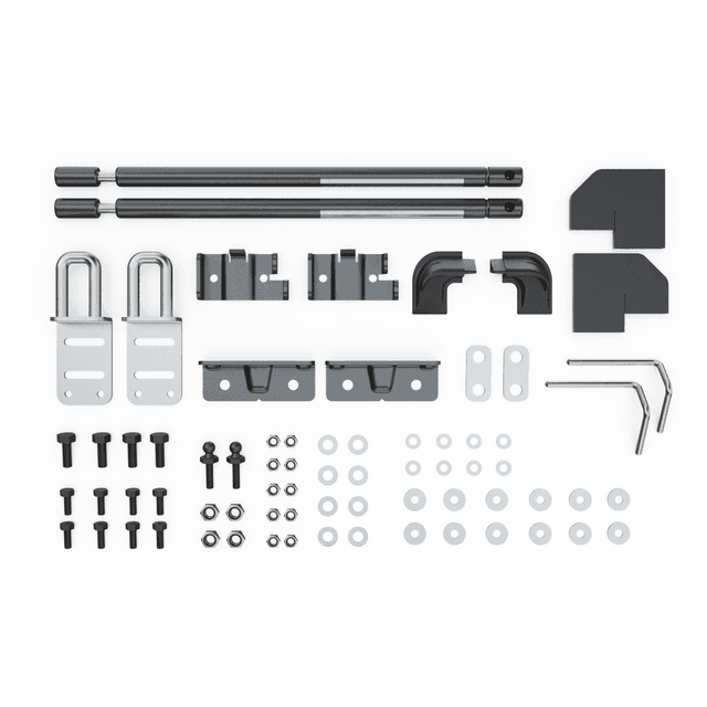 EGR Hardware Fitting Kit KIT03212T showing hinges, gas struts, brackets, seals, screws, and installation components for Volkswagen Amarok 1P hard lid