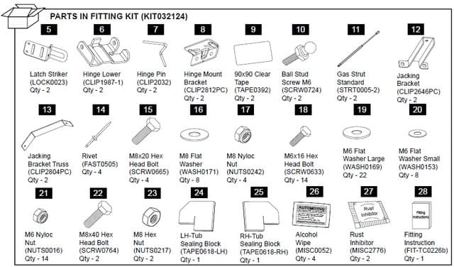 EGR Hard Lid Fitting Kit KIT032124 diagram showing all required hardware for Volkswagen Amarok 3P installation, including brackets, rivets, hinge pins, and support parts