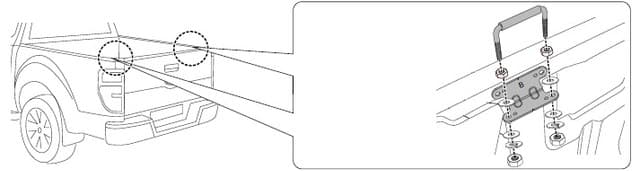 Diagram showing the placement and installation of an EGR lock striker kit on the rear tub of a ute, with a close-up of the striker plate and mounting bolts