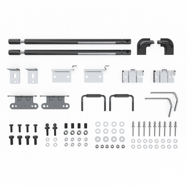 Mitsubishi Triton MQ/MR 1P hard lid hardware fitting kit, showing labeled components including striker brackets, hinge brackets, U-bolts, hex bolts, gas struts, washers, rivets, caps, and installation accessories