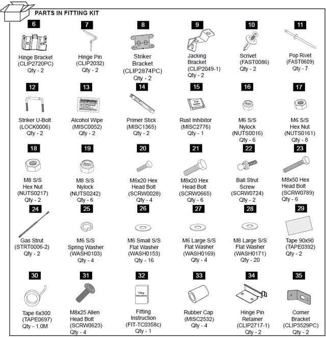 Diagram of the Mitsubishi Triton MQ/MR 3P hard lid hardware fitting kit showing labeled parts including hinge brackets, striker brackets, U-bolts, gas struts, screws, washers, rivets, caps, and installation components