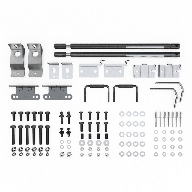 Mitsubishi Triton MQ/MR 3P hard lid hardware fitting kit showing labeled parts including hinge brackets, striker brackets, U-bolts, gas struts, screws, washers, rivets, caps, and installation components