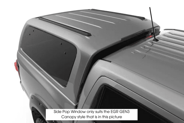 Top-side view of a silver ute fitted with an EGR GEN3 canopy, showing the driver-side pop-out window panel. Image highlights the GEN3 canopy style compatible with the Lift Up Side Window (Driver Side) 2