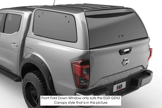 Side rear view of a silver Nissan Navara fitted with an EGR GEN3 canopy, showing the specific GEN3 canopy style compatible with the Front Fold-down Window replacement