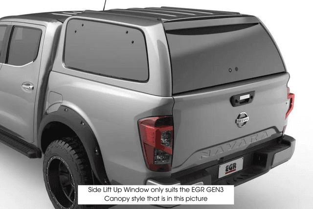 Driver-side rear view of a silver Nissan Navara fitted with an EGR GEN3 canopy, showing the canopy style compatible with the Lift Up Side Window