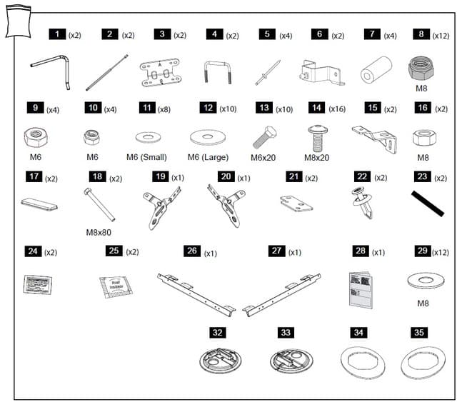 Illustrated parts layout for a Ford Ranger RA 3P 2022 hard-lid fitting kit, showing a grid of hardware components including brackets, bolts, screws, clips, struts, washers, nuts, tools, and installation accessories. Each item is drawn in outline form with quantity labels beside them