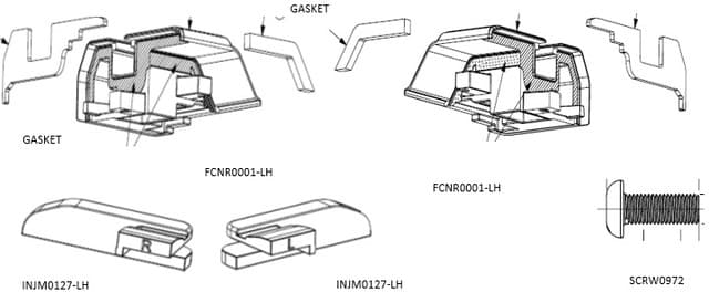 Exploded diagram of RollTrac front corner castings showing left and right corner covers, gaskets, and mounting hardware for RollTrac Slat Side cover