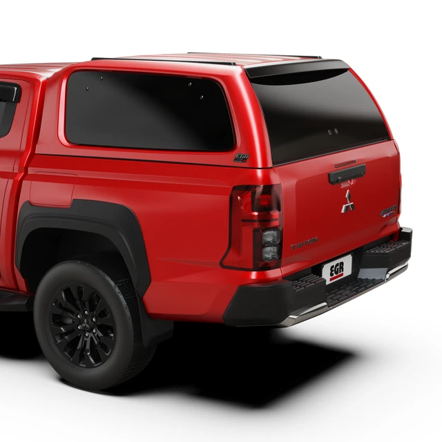 Rear three-quarter view of Mitsubishi Triton MV 2024 fitted with EGR Gen3 canopy, showcasing seamless factory-style finish and integrated rear door