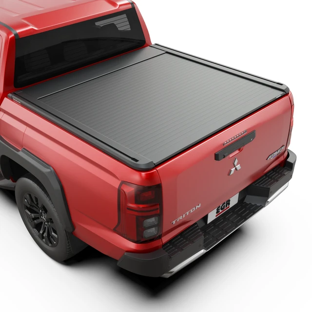 EGR RollTrac Electric E3 fitted to Mitsubishi Triton MV 2024-onwards, showing secure aluminium roller shutter tub cover in matte black finish