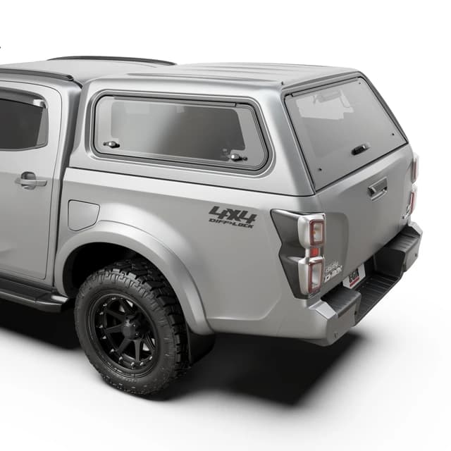 Close-up view of EGR Core Canopy on Isuzu D-Max showing smooth finish, tinted glass, and premium build quality